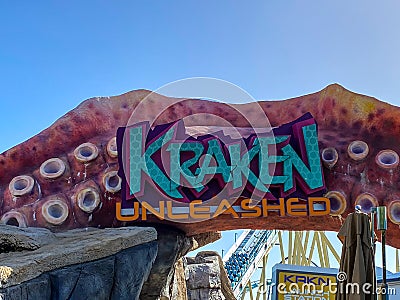 The entrance to the Kraken Unleashed Roller Coaster Editorial Stock Photo