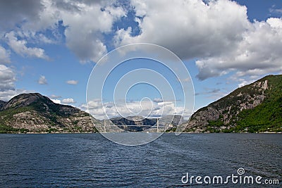 Entrance to the Lysefjord in between mountains Stock Photo