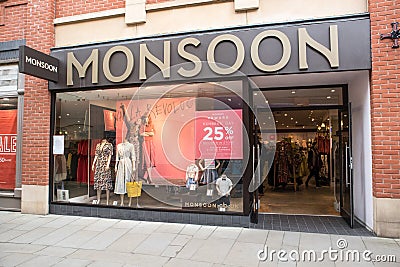 Entrance to Monsoon Fashion clothing store shop showing logo, sign, signage and branding Editorial Stock Photo