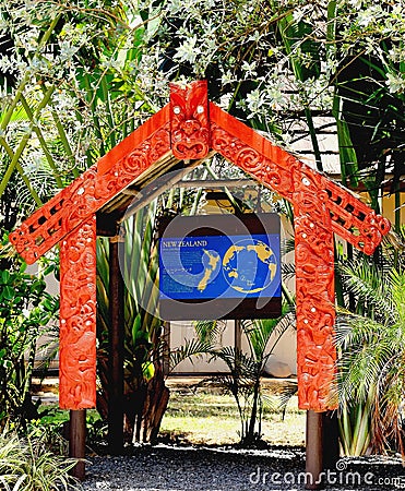 Entrance to the New Zealand Aotearoa Village at the Polynesian Cultural Center Editorial Stock Photo