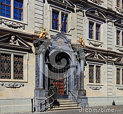 Entrance to the Rathaus building in Zurich, Switzerland Editorial Stock Photo