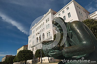 Entrance to the rectorate of the University of Zadar, Croatia. Monument of Spiridon Brusina, croatian malacologist. Statue by scul Editorial Stock Photo