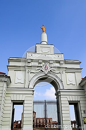 The entrance to Ruzhany Palace. Reconstructed gate, Museum. 2019, August 11. Brest region, Belarus Editorial Stock Photo