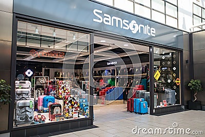 Entrance to Samsonite Luggage shop store showing window display, sign, signage, logo and branding Editorial Stock Photo