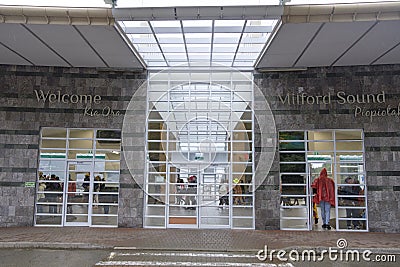 Entrance to visitor centre at Milford Sound, Fjordland, South Island, New Zealand Editorial Stock Photo