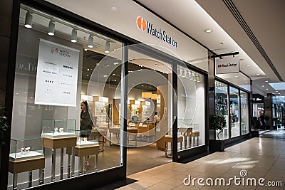 Entrance to Watch Station shop store showing window display, sign, signage, logo and branding Editorial Stock Photo