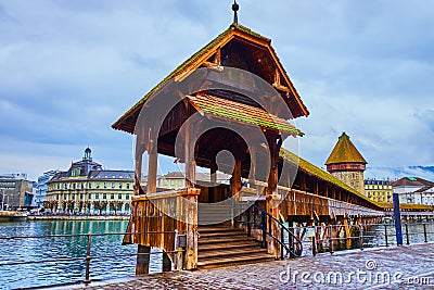 The entrance to Kapellbrucke bridge from Rosengart Platz of Altstadt in Lucerne, Switzerland Stock Photo