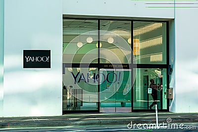 Entrance to Yahoo headquarters building in downtown. Yahoo! is an American web services provider owned by Verizon Media Editorial Stock Photo