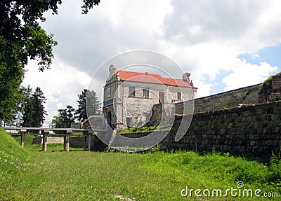 Entrance tower and bridge to medieval castle in Zbarazh Stock Photo