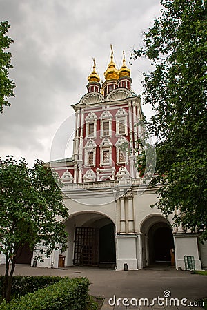 Entrance tower of the monastery, view inside the Novodevichy. Stock Photo