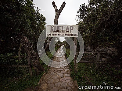 Entrance welcome sign name letter of Kuelap archaeological monument ancient citadel ruins andes cloud Amazonas Peru Editorial Stock Photo