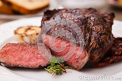 Entrecote with grilled garlic Stock Photo