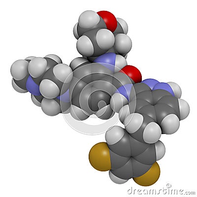 Entrectinib cancer drug molecule. 3D rendering. Atoms are represented as spheres with conventional color coding: hydrogen white Stock Photo