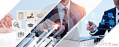 An entrepreneur displays an arrow graph depicting the company's future growth strategy and percentage rise. Stock Photo