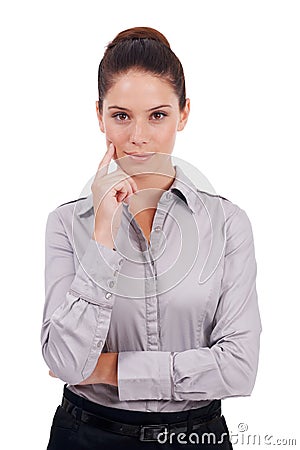 Entrepreneur, focus and portrait of business woman feeling confident, assertive and isolated in a studio white Stock Photo