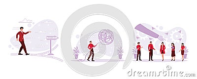 Entrepreneur walking to success. Portrait of a man pulling a ball of tangled thread and trying to solve the problem. Vector Illustration