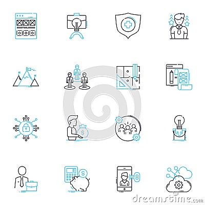 Entrepreneurial evolution linear icons set. Innovation, Growth, Resilience, Adaptability, Visionary, Risk-taking Vector Illustration