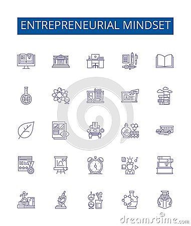 Entrepreneurial mindset line icons signs set. Design collection of Entrepreneurial, Mindset, Vision, Risk Taking Vector Illustration