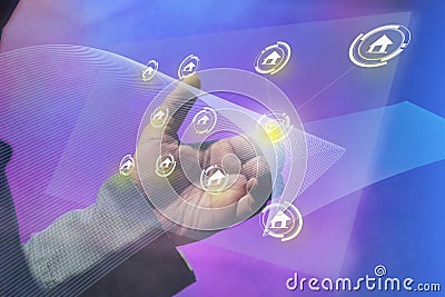 Entrepreneurs build business and economic networks using virtual digital tablets. Isolated with blue shades and net waves Stock Photo