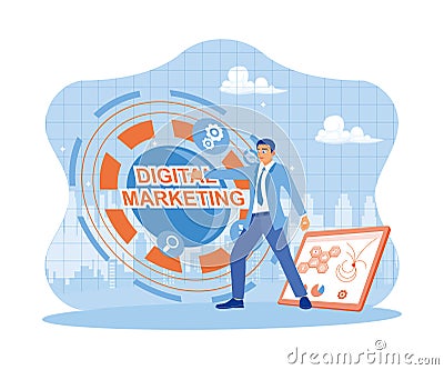 Entrepreneurs optimize online advertising, SEO, SEM, and SMM on social media. Vector Illustration