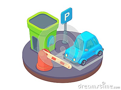 Entry through the barrier which is raised to pass the car. Toll gate on guarded parking. Vector Illustration