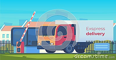 Entry through the barrier which is raised to pass the car. Toll gate with reception booth and delivery truck. Checkpoint Vector Illustration