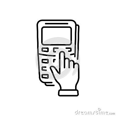 Entry Pin Code on Terminal Keyboard Outline Icon. Hand Enter Password on Pos for Payment Line Icon. Security Bank Key Vector Illustration