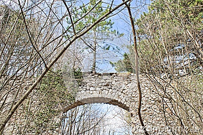 entry to an old castle ruin in the woods Stock Photo