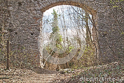 entry to an old castle ruin in the woods Stock Photo