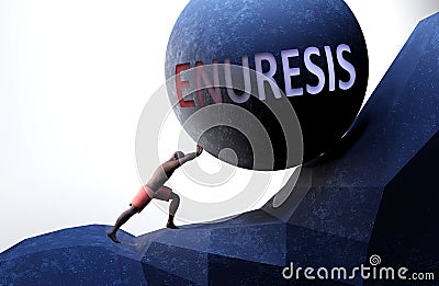 Enuresis as a problem that makes life harder - symbolized by a person pushing weight with word Enuresis to show that Enuresis can Cartoon Illustration