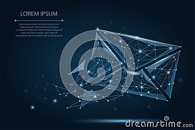 Message. Polygonal wireframe mesh envelope on dark blue night sky with dots and stars. Low poly Mail, Letter, email Vector Illustration