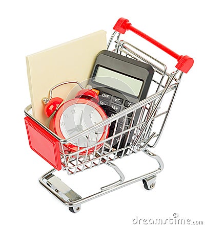 Envelope with alarm clock in shopping cart Stock Photo