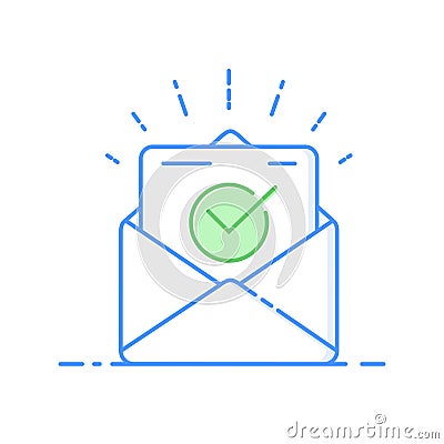 Envelope with approved document thin line icon. Vector illustration of e-mail confirmation. Cartoon Illustration