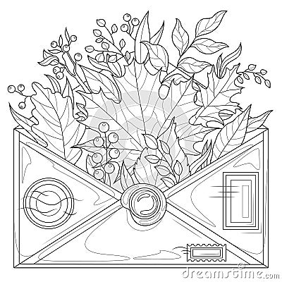 Envelope with autumn leaves.Coloring page antistress for adults. Vector Illustration