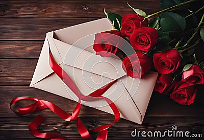 envelope beautiful roses wooden ribbon concept background view red Red Love Top Stock Photo