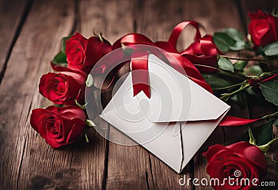 envelope beautiful roses wooden ribbon concept background view red Red Love Top Stock Photo