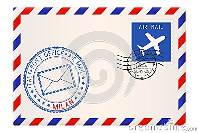 Envelope with blue postmark of Milan, Italy Vector Illustration
