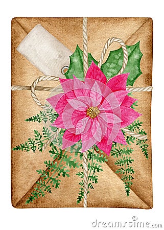 Envelope decorated with fern branches and poinsettia flower. Watercolor Christmas composition Stock Photo