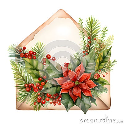 Envelope at decorated with flowers, rowan and pine goosebumps. Christmas card as a symbol of remembrance of the birth of the Vector Illustration