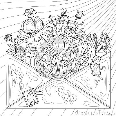 Envelope with different flowers.Coloring book antistress for children and adults. Stock Photo