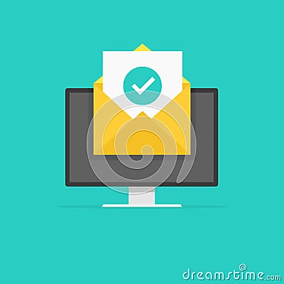 Envelope with document check mark green. Successful e-mail delivery, email delivery confirmation. Vector illustration. Vector Illustration