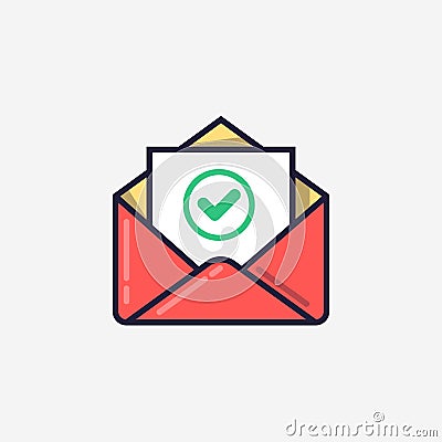 Envelope with document and round green check mark icon. Successful e-mail delivery, email delivery confirmation Vector Illustration