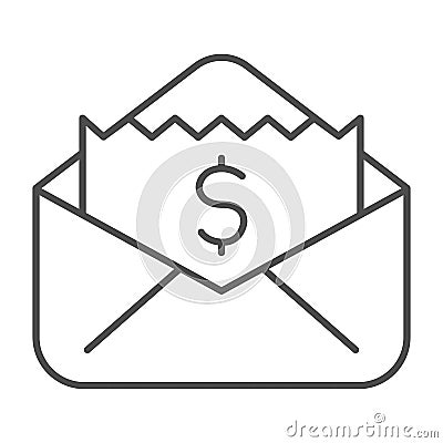 Envelope with dollar bill thin line icon, business concept, letter with financial payment sign on white background Vector Illustration