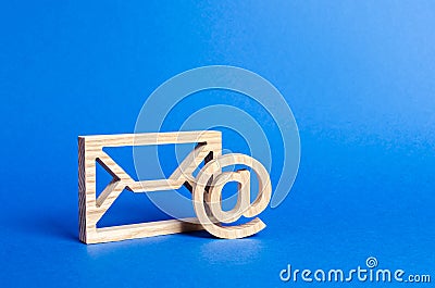 Envelope and email symbol on a blue background. Concept email address. Internet technologies and contacts for communication. Stock Photo