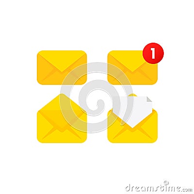 Envelope flat vector icon set. Document enclosed in envelope, closed and open envelope with message. Email, emailing, message, Vector Illustration