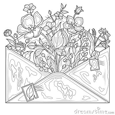 Envelope with flowers.Coloring book antistress for children and adults. Vector Illustration