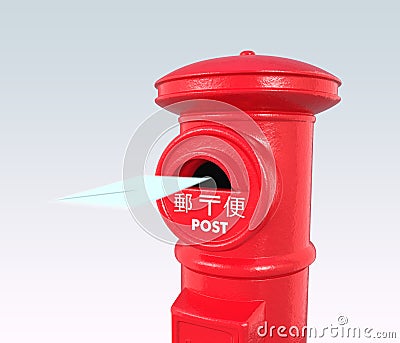 An envelope flying into a red vintage Japanese postbox Stock Photo