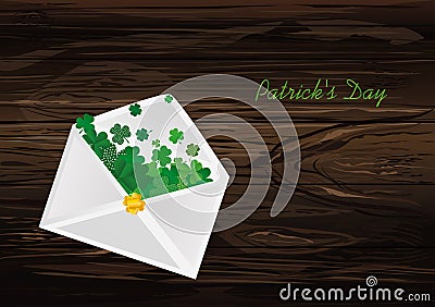 Envelope with green clover inside. St.Patrick `s Day. Vector ill Cartoon Illustration