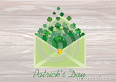 Envelope with green clover inside. St.Patrick `s Day. Vector ill Cartoon Illustration