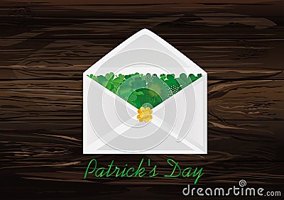 Envelope with green clover inside. St.Patrick `s Day. Vector ill Cartoon Illustration